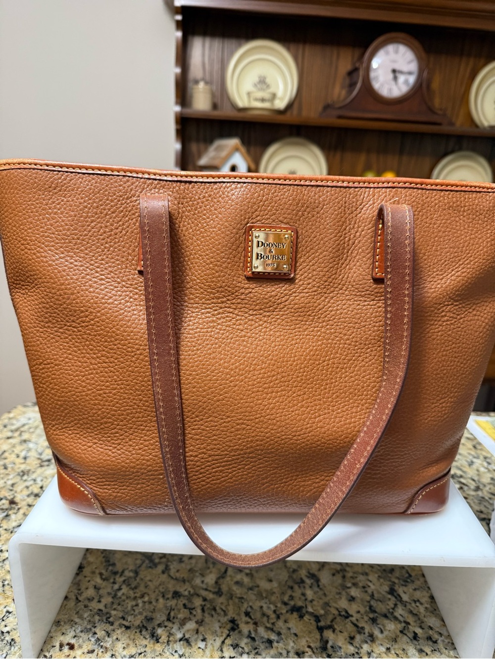 Dooney & Bourke Cognac Pebbled Leather Tote with Gold Plaque